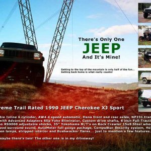 OnlyOneXJ  - Not meant to be arogant, just making fun of the JEEP tag-line. 
1990 XJ Sport 6" Full Traction lift 35" Yokohama MT's